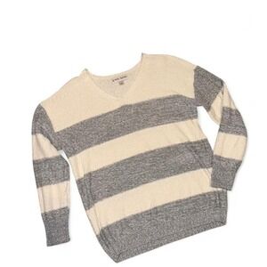 Cream/Gray Striped V-Neck Sweater Ladies Small